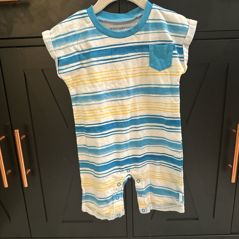 Burt's Bees Baby Blue and Yellow Striped Romper - Picture 1 of 3